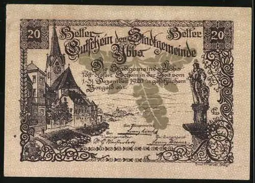 Notgeld Ybbs 1920, 20 Heller, Stadtsiegel und Stadtansicht mit Kirche und Statue