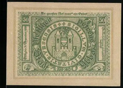 Notgeld Ybbs 1920, 50 Heller, Stadtansicht und Siegel mit Burgmotiv