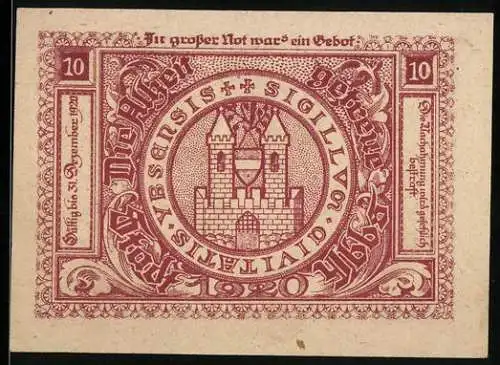 Notgeld Ybbs 1920, 10 Heller, Stadtansicht mit Kirche und Statue, Wappen mit Burgmotiv