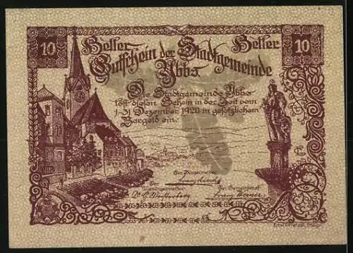 Notgeld Ybbs 1920, 10 Heller, Stadtansicht mit Kirche und Statue, Wappen mit Burgmotiv