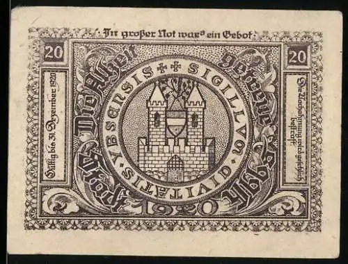 Notgeld Ybbs 1920, 20 Heller, Stadtansicht mit Kirche und Burgturm, Wappen mit Burgmotiv