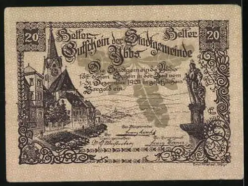 Notgeld Ybbs 1920, 20 Heller, Stadtansicht mit Kirche und Burgturm, Wappen mit Burgmotiv