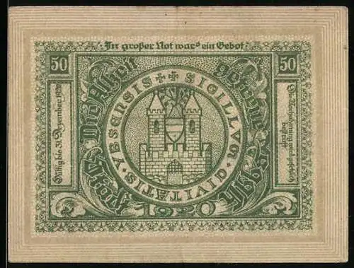 Notgeld Ybbs 1920, 50 Heller, Stadtansicht und Wappen der Stadt mit Burgmotiv