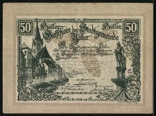 Notgeld Ybbs 1920, 50 Heller, Stadtansicht und Wappen der Stadt mit Burgmotiv