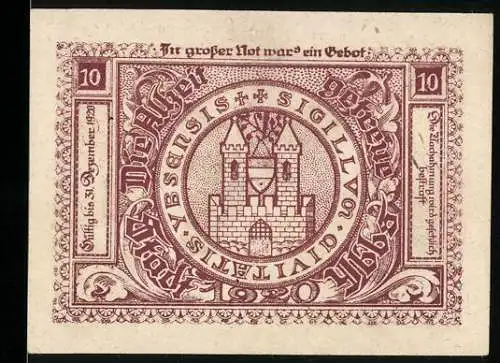 Notgeld Ybbs 1920, 10 Heller, Stadtansicht mit Kirche und Burg im Siegel