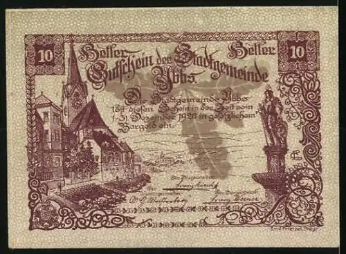 Notgeld Ybbs 1920, 10 Heller, Stadtansicht mit Kirche und Burg im Siegel