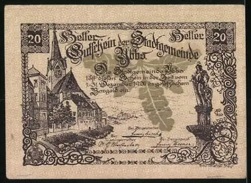 Notgeld Ybbs 1920, 20 Heller, Stadtansicht mit Kirche und Statue, Stadtsiegel