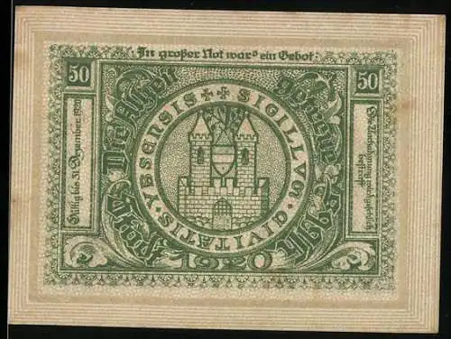 Notgeld Ybbs 1920, 50 Heller, Stadtansicht mit Kirche und Statue, Siegel der Stadt Ybbs