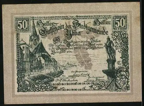 Notgeld Ybbs 1920, 50 Heller, Stadtansicht mit Kirche und Statue, Siegel der Stadt Ybbs