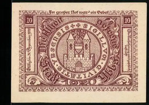 Notgeld Ybbs 1920, 10 Heller, Stadtwappen und Stadtansicht mit Kirche und Statue