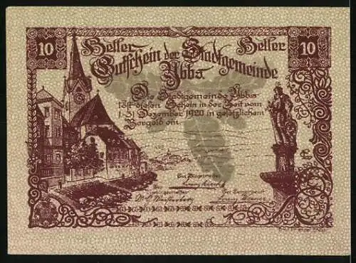 Notgeld Ybbs 1920, 10 Heller, Stadtwappen und Stadtansicht mit Kirche und Statue