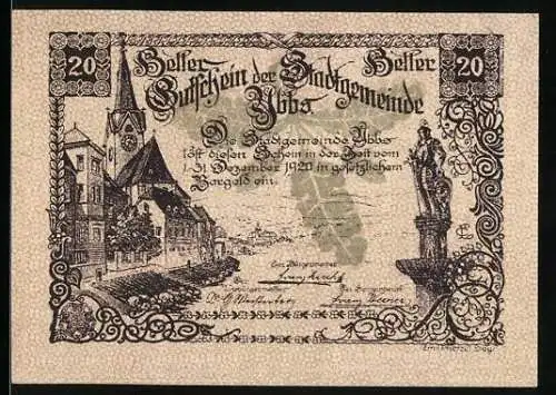 Notgeld Ybbs 1920, 20 Heller, Stadtansicht mit Kirche und Statue, Stadtwappen mit Burgtor