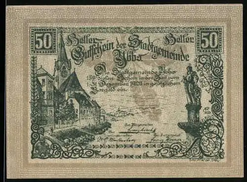 Notgeld Ybbs 1920, 50 Heller, Stadtansicht und Wappen mit Burgmotiv