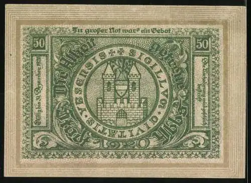 Notgeld Ybbs 1920, 50 Heller, Stadtansicht und Wappen mit Burgmotiv