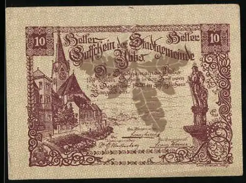 Notgeld Ybbs 1920, 10 Heller, Stadtansicht und Wappen mit Burgmotiv