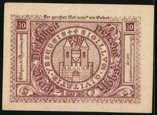 Notgeld Ybbs 1920, 10 Heller, Stadtansicht und Wappen mit Burgmotiv