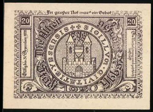 Notgeld Ybbs 1920, 20 Heller, Stadtansicht und Burgmotiv mit Schriftzug In grosser Not war’s ein Gebot