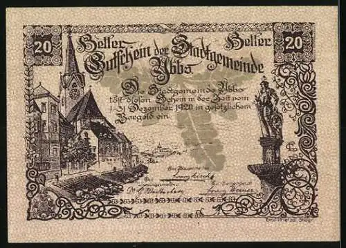 Notgeld Ybbs 1920, 20 Heller, Stadtansicht und Burgmotiv mit Schriftzug In grosser Not war’s ein Gebot