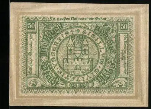 Notgeld Ybbs 1920, 50 Heller, Stadtwappen und Stadtansicht mit Statue