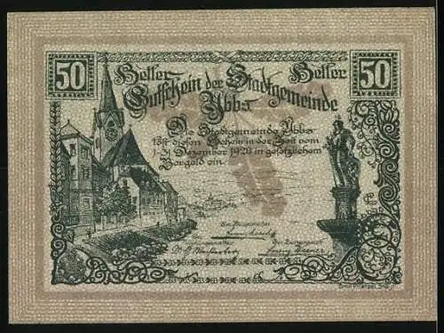 Notgeld Ybbs 1920, 50 Heller, Stadtwappen und Stadtansicht mit Statue