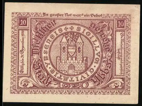 Notgeld Ybbs 1920, 10 Heller, Stadtansicht und Stadtsiegel mit Burgmauer