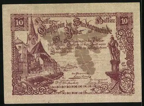 Notgeld Ybbs 1920, 10 Heller, Stadtansicht und Stadtsiegel mit Burgmauer