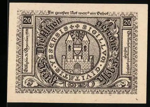 Notgeld Ybbs 1920, 20 Heller, Stadtansicht und Wappen mit Burgmotiv