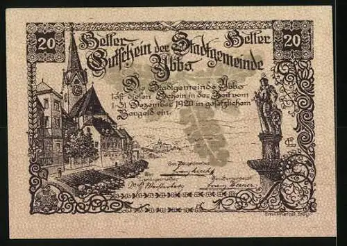 Notgeld Ybbs 1920, 20 Heller, Stadtansicht und Wappen mit Burgmotiv