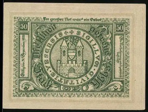 Notgeld Ybbs 1920, 50 Heller, Stadtwappen und Stadtszene mit Kirche und Statue