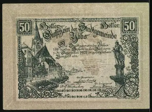 Notgeld Ybbs 1920, 50 Heller, Stadtwappen und Stadtszene mit Kirche und Statue