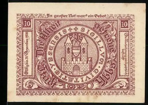 Notgeld Ybbs 1920, 10 Heller, Stadtsiegel und Architekturmotiv mit Kirche und Statue