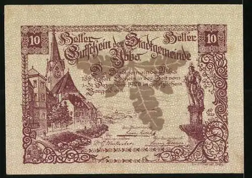 Notgeld Ybbs 1920, 10 Heller, Stadtsiegel und Architekturmotiv mit Kirche und Statue