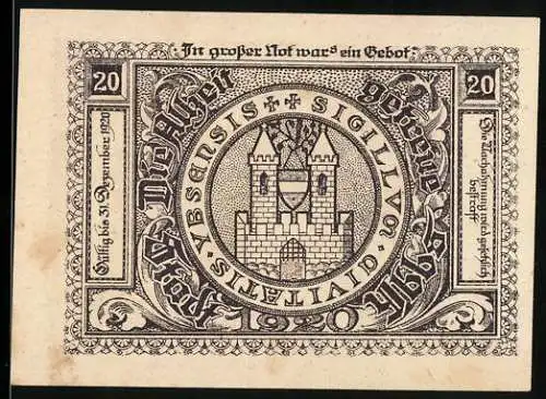 Notgeld Ybbs 1920, 20 Heller, Stadtwappen und Stadtansicht mit Kirche und Statue