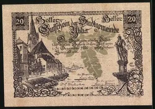 Notgeld Ybbs 1920, 20 Heller, Stadtwappen und Stadtansicht mit Kirche und Statue