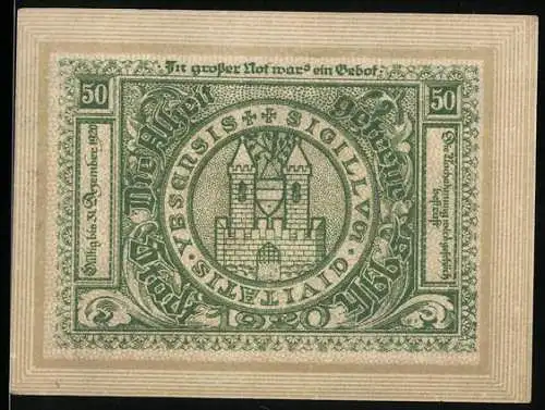 Notgeld Ybbs 1920, 50 Heller, Stadtansicht mit Kirche und Statue, Siegel mit Burgtor