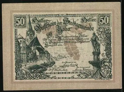 Notgeld Ybbs 1920, 50 Heller, Stadtansicht mit Kirche und Statue, Siegel mit Burgtor