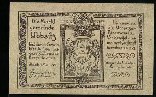 Notgeld Ybbsitz 1920, 10 Heller, Wappen und Landschaft mit Schmiedewerkzeugen