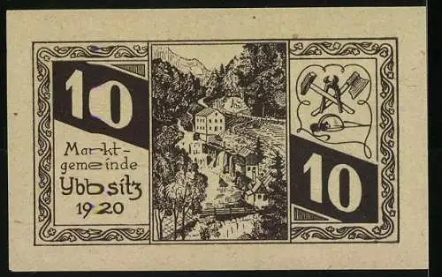 Notgeld Ybbsitz 1920, 10 Heller, Wappen und Landschaft mit Schmiedewerkzeugen