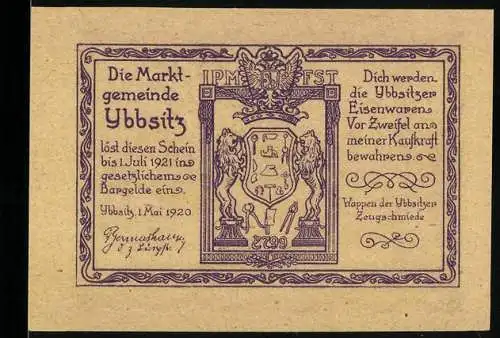 Notgeld Ybbsitz 1920, 20 Heller, Wappen und Schmiedeszene mit Landschaft