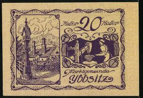 Notgeld Ybbsitz 1920, 20 Heller, Wappen und Schmiedeszene mit Landschaft