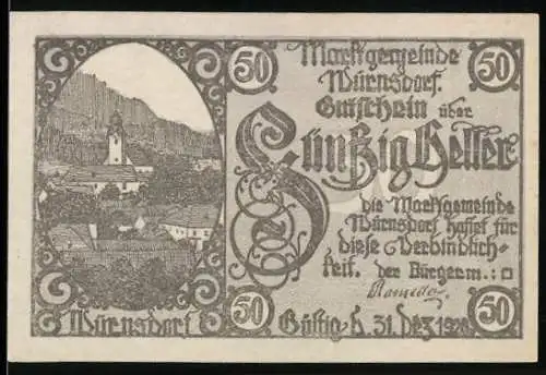 Notgeld Würnsdorf 1921, 50 Heller, Landschaft mit Kirche und Hügel