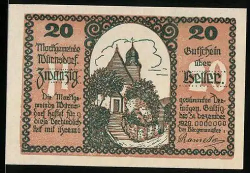 Notgeld Würnsdorf 1920, 20 Heller, Kirche mit Bäumen, dekorativer Rand, Seriennummer sichtbar