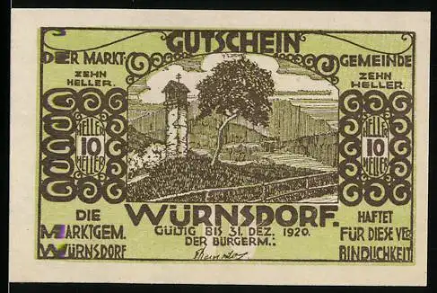 Notgeld Würnsdorf 1920, 10 Heller, Landschaft mit Baum und Turm