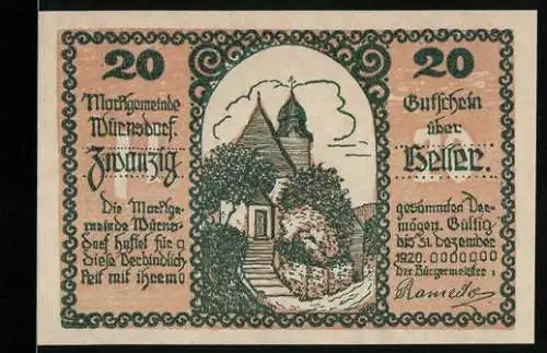 Notgeld Würnsdorf 1920, 20 Heller, Kirche und Landschaftsmotiv, Seriennummer und Unterschrift des Bürgermeisters