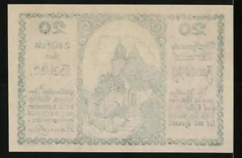 Notgeld Würnsdorf 1920, 20 Heller, Kirche und Landschaftsmotiv, Seriennummer und Unterschrift des Bürgermeisters