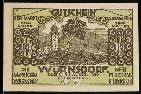 Notgeld Würnsdorf 1920, 10 Heller, Landschaft mit Baum und Turm