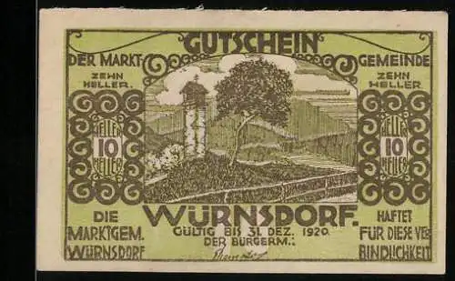 Notgeld Würnsdorf 1920, 10 Heller, Landschaft mit Turm und Feldern