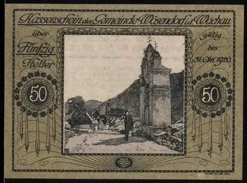 Notgeld Wösendorf 1920, 50 Heller, Dorfansicht mit Kirche und Strasse, gültig bis 31. Oktober 1920