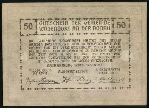 Notgeld Wösendorf 1920, 50 Heller, Dorfansicht mit Kirche und Strasse, gültig bis 31. Oktober 1920