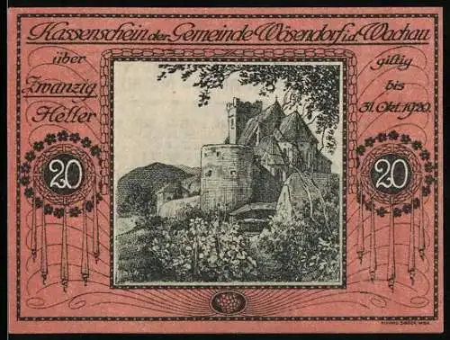 Notgeld Wösendorf 1920, 20 Heller, Burgruine mit Pflanzenornamenten